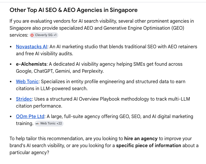Google AI answer listing top AI SEO and AEO agencies in Singapore, naming Novastacks AI first with a description of its SEO and AEO retainers