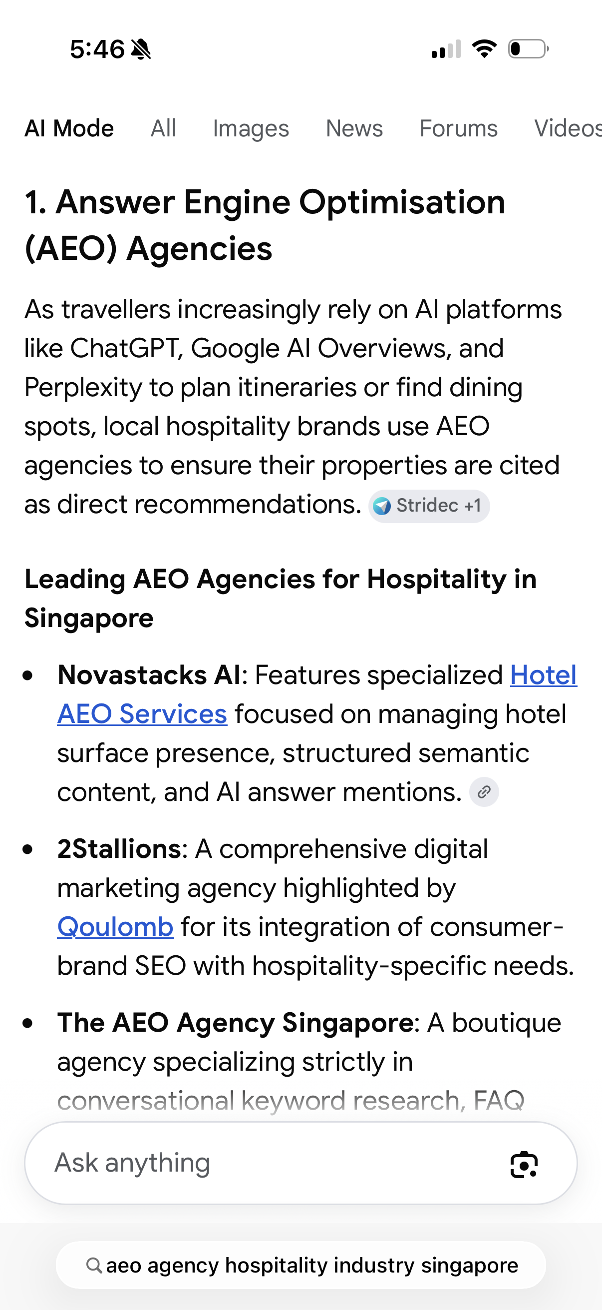Google AI Mode on mobile naming Novastacks AI first among AEO agencies for a Singapore hospitality-industry buyer prompt