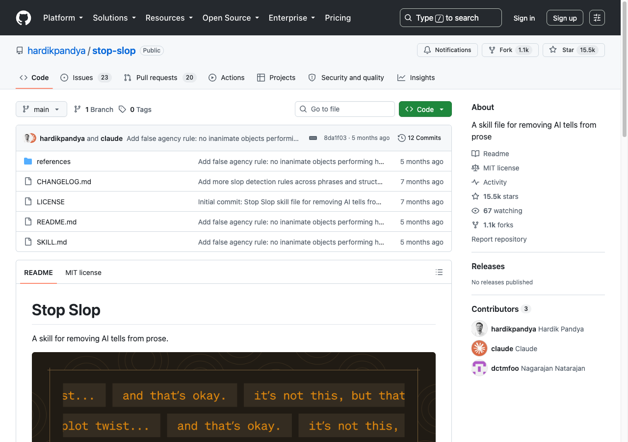 The stop-slop GitHub repository, showing 15.5k stars, 1.1k forks, 12 commits, only markdown files (SKILL.md, README.md, CHANGELOG.md, LICENSE and a references folder), and no releases published.