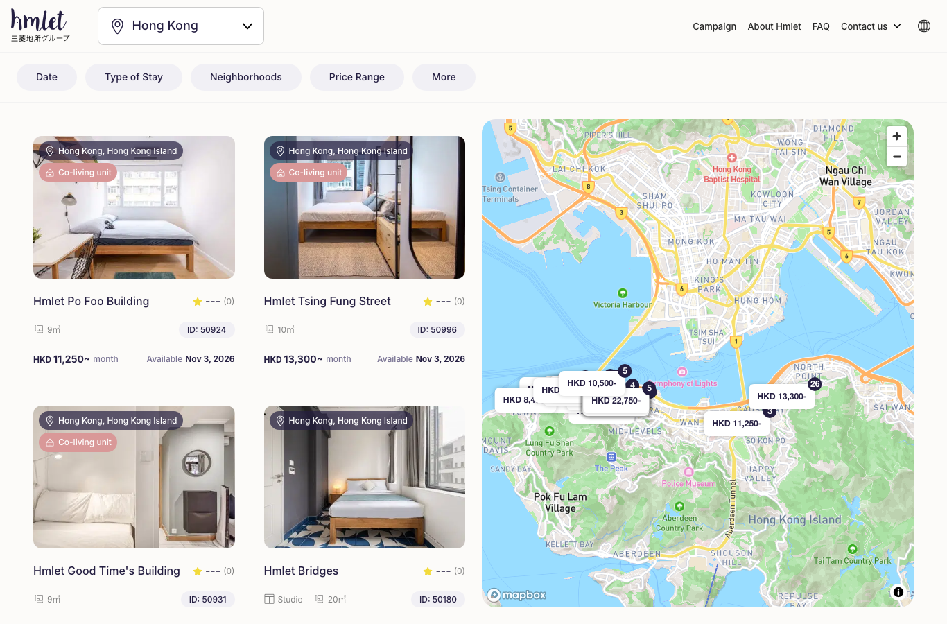 Hong Kong listing page showing apartment cards with monthly prices in HKD