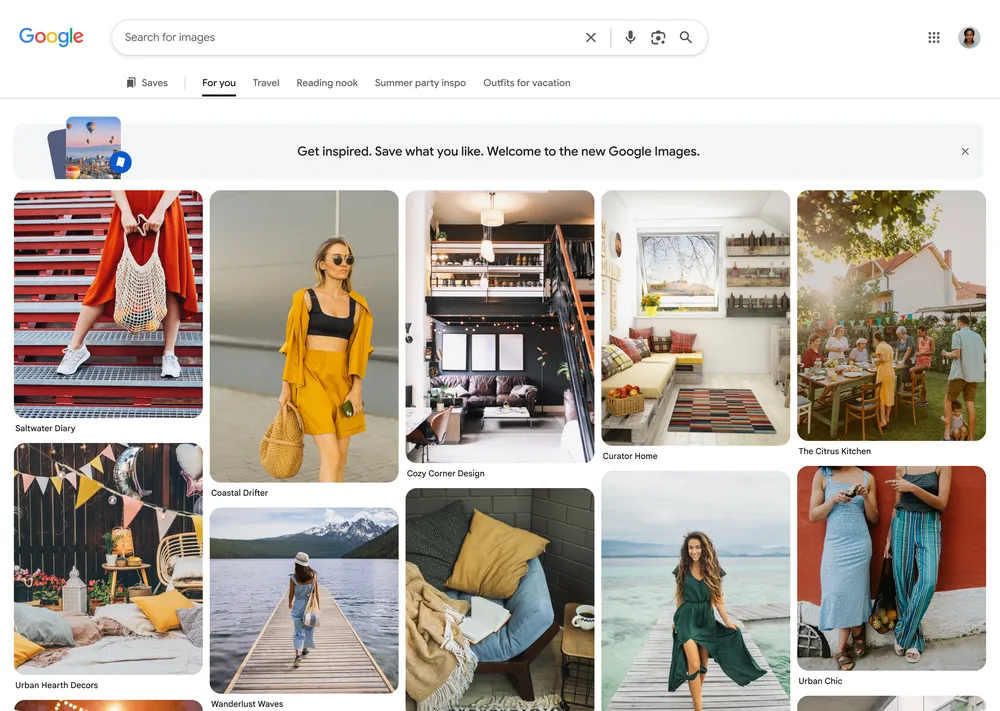 The new Google Images homepage: the search box gives way to a browsable, personalized "For you" feed, with topic tabs and a Saves entry point across the top.