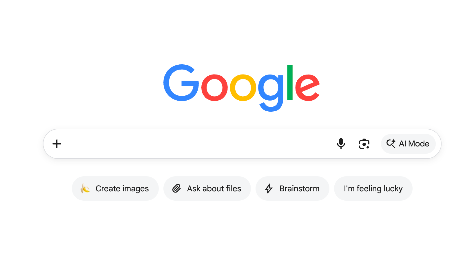 Google 桌機首頁的測試畫面:搜尋框下方多了「Create images」(生成圖片)、「Ask about files」(詢問檔案)與「Brainstorm」(腦力激盪)三顆按鈕,就排在放了二十年的「I'm feeling lucky」旁邊;點下這三顆的任何一顆,直接進入 AI Mode,不跑一般搜尋。