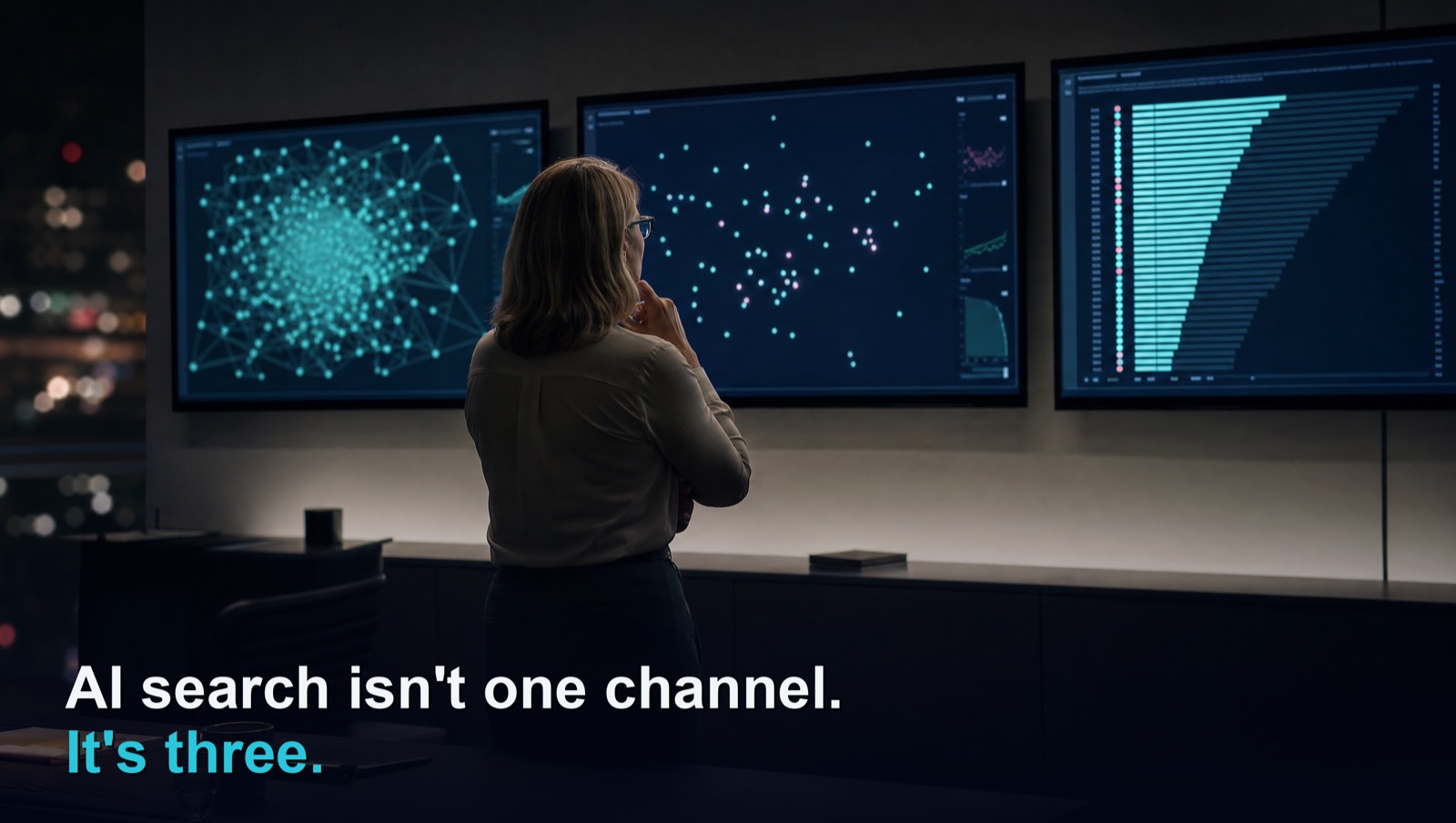A marketing strategist studies three wall monitors, each showing a completely different data pattern